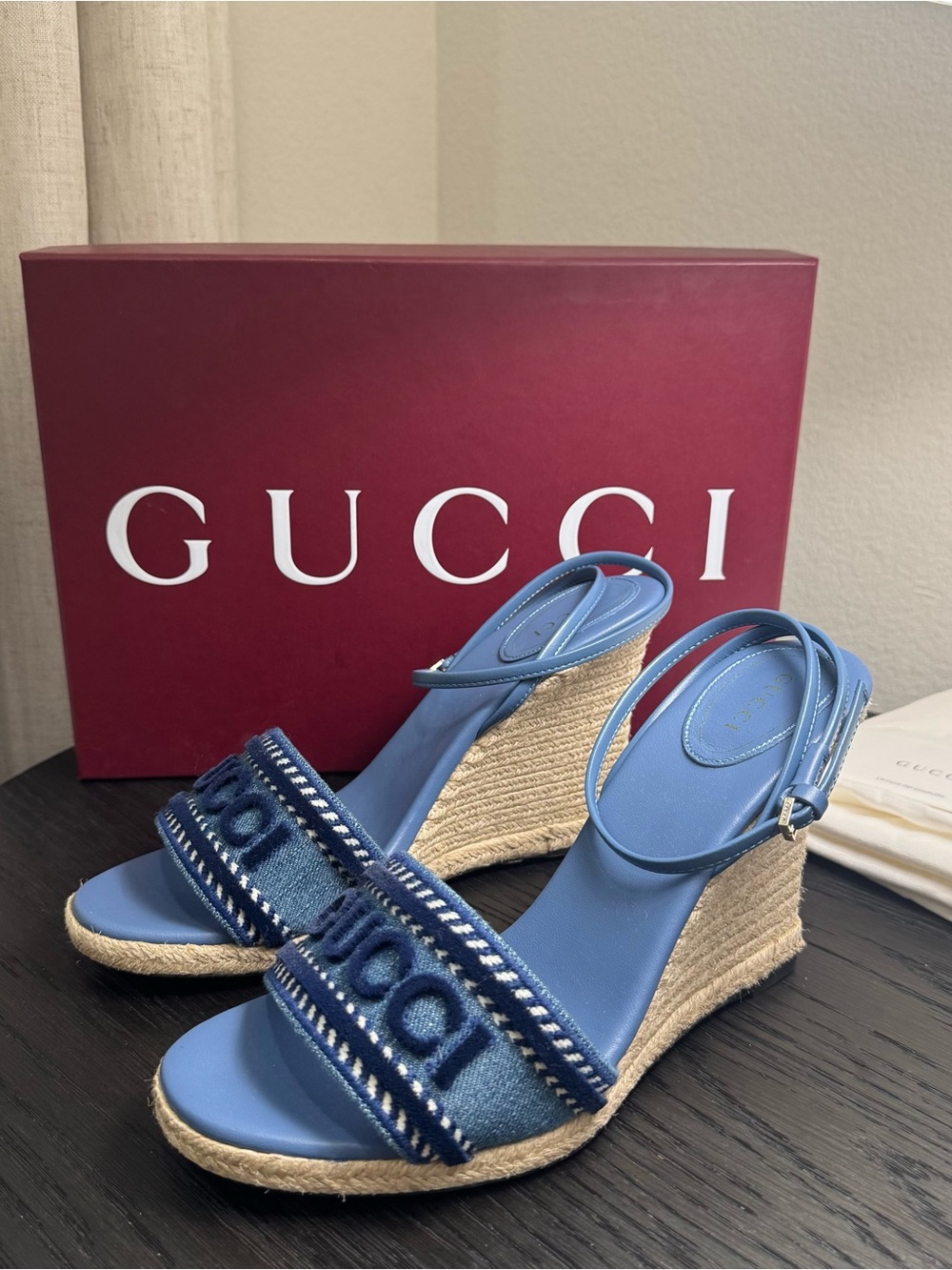 Gucci Ines Logo Denim Wedge Espadrilles 39.5